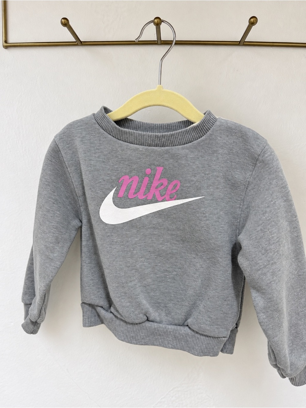 Nike Kids Gray Sweatshirt with Pink Script and White Swoosh